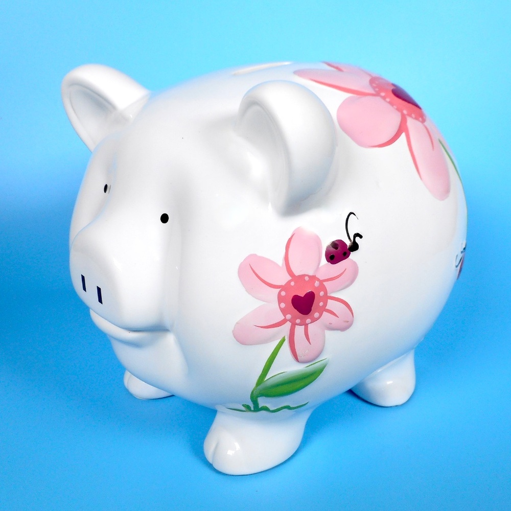 Child to Cherish Large White Ceramic Piggy Bank Cute Pink Flower Ladybug 8x7x7
